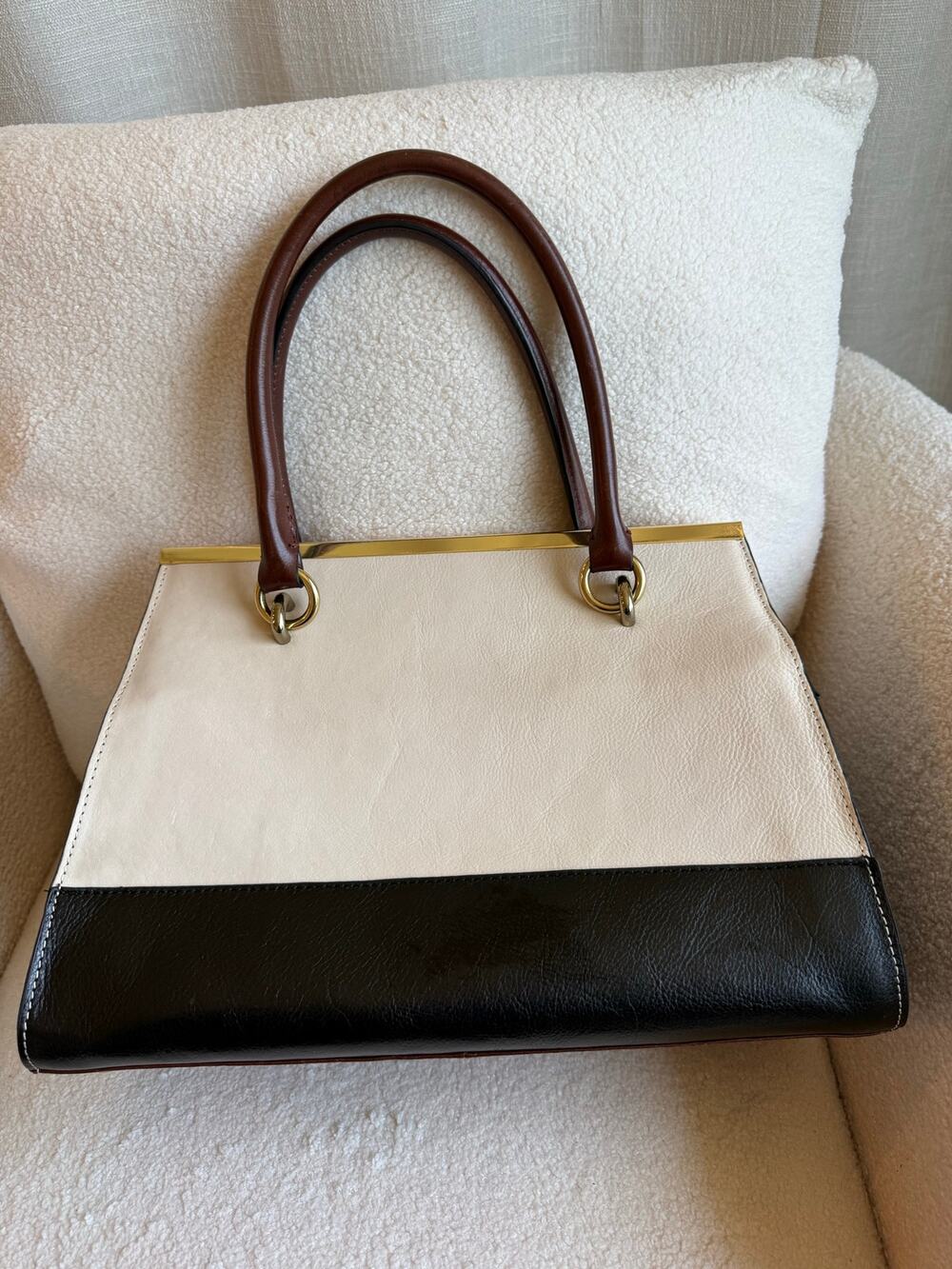 Wilsons Satchel Handbag Women's Cream/Brown/Black Leather MultiColor Colorblock